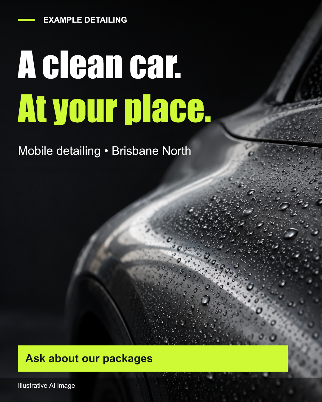Mobile detailing sample: a clean car at your place, with a close-up car photograph
